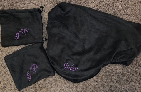 Personalised saddle cover in Gp or Dressage and matching stirrup slippers.